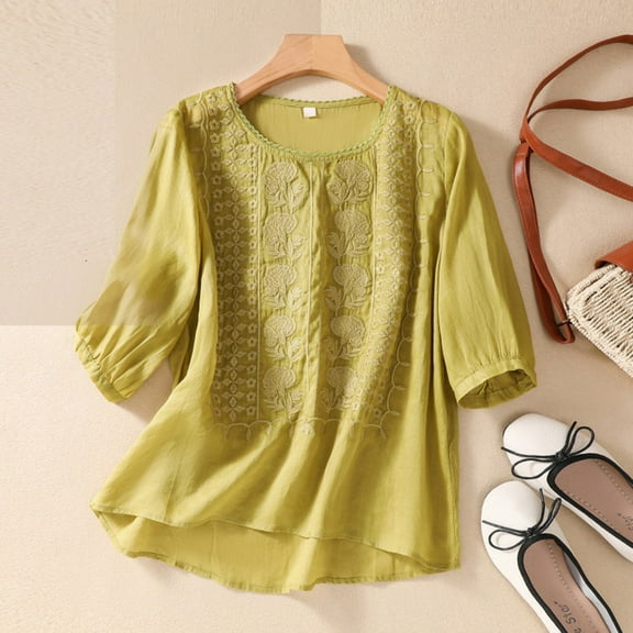 CALAFEBILA Blouses for Women Plus Size Cotton Linen Womens Blouses Plus Size,Women Fashion Solid Color Blouse Summer 3/4 Sleeve Crew Neck Embroidery Lace Tops for Women