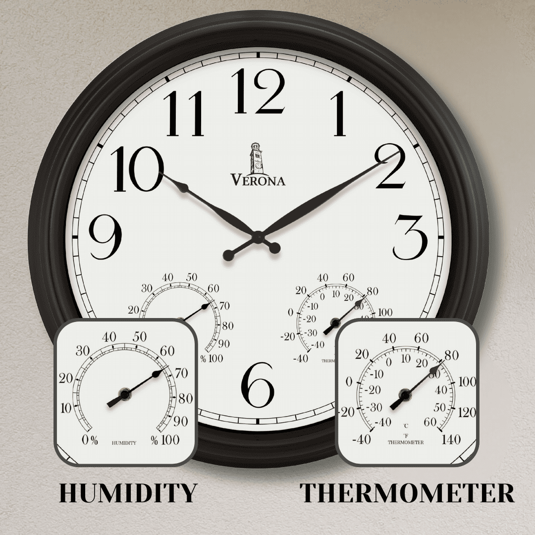 24 inch Outdoor Clocks for Patio Large Waterproof with Thermometer - Black Outdoor Wall Clock with Temperature and Humidity Combo - Weatherproof, Accurate & Easy to Read for Pool, Garden & Home Decor