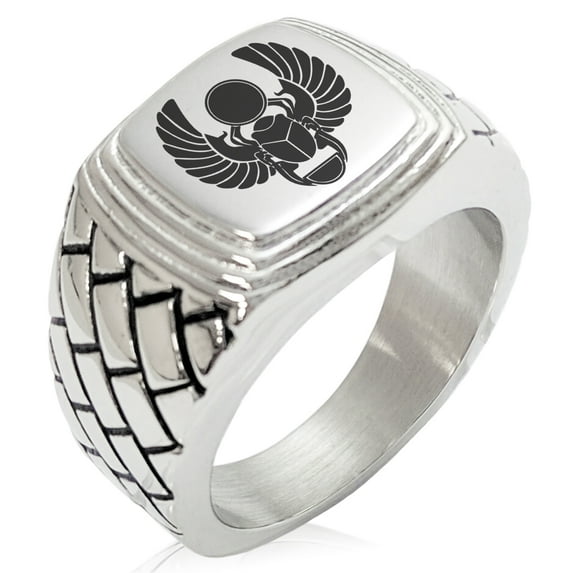 Stainless Steel Scarab Beetle Sacred Sun Geometric Pattern Step-Down Biker Style Polished Ring