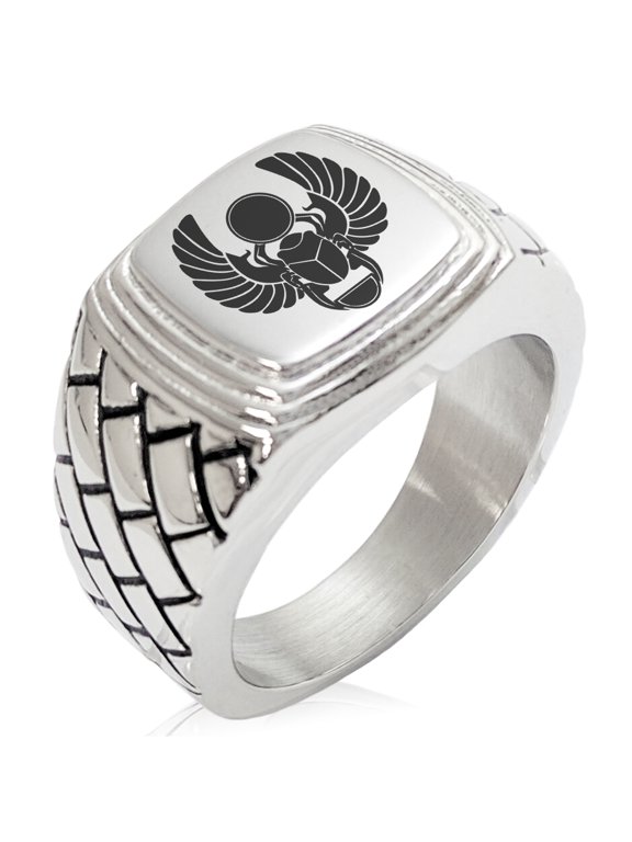 Stainless Steel Scarab Beetle Sacred Sun Geometric Pattern Step-Down Biker Style Polished Ring