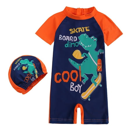 

Toddler Kids Baby Boys Girls Dinosaur Shark Swimsuit 1 Piece Zipper Bathing Suit Swimwear With Hat Rash Guard Surfing Suit UPF 50+