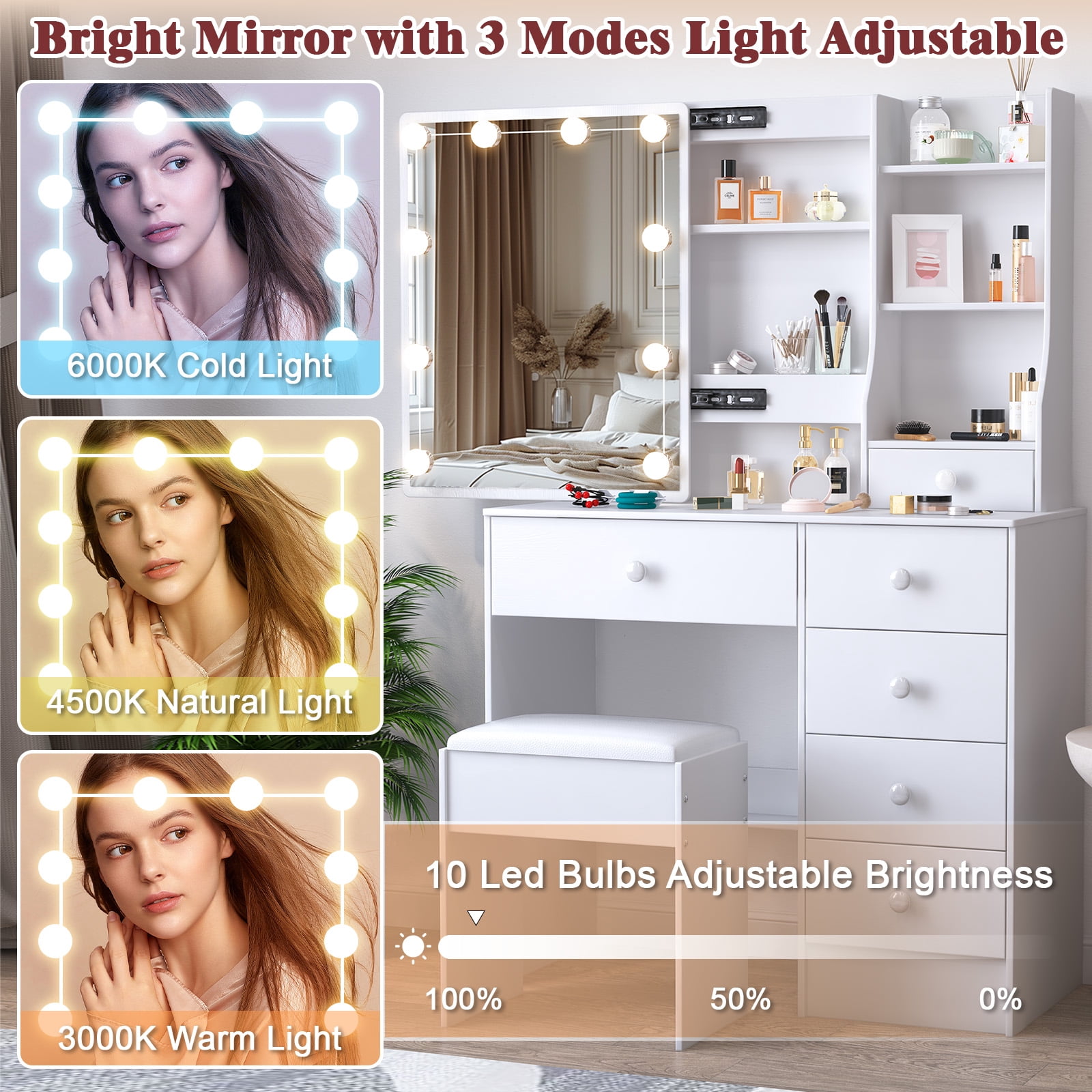 Caulitar Makeup Vanity Set with Sliding Mirror, Makeup Table With 3-Color LED Lights Vanity Desk with Stool & 6 Drawers & Shelves, White