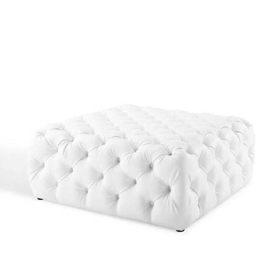 Tufted Accent Chair Ottoman, Square, Faux Leather, White, Modern Contemporary Urban Design, Living Lounge Room Hotel Lobby Hospitality