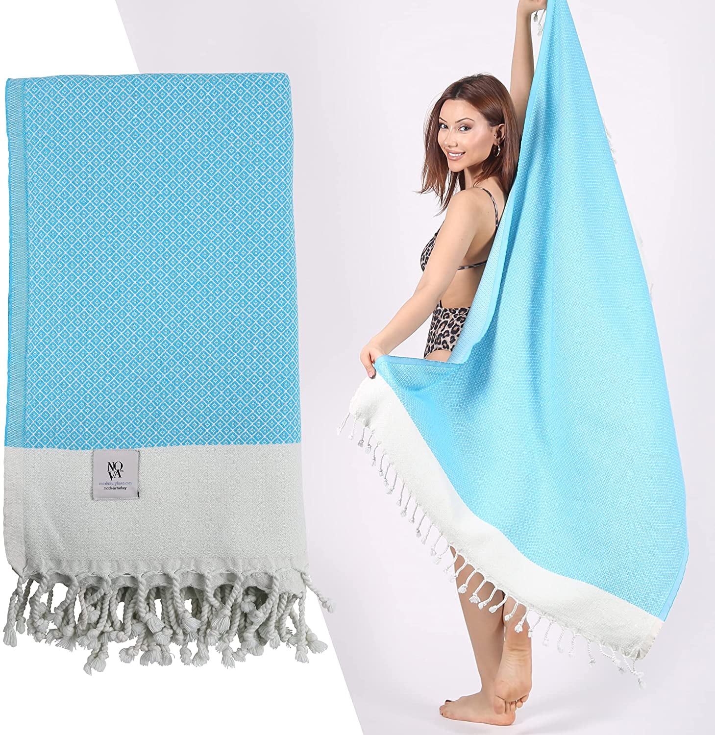 Traditional Design 100% Cotton Red & Light Blue Set of 2 Turkish Beach / Bath Hammam Towel