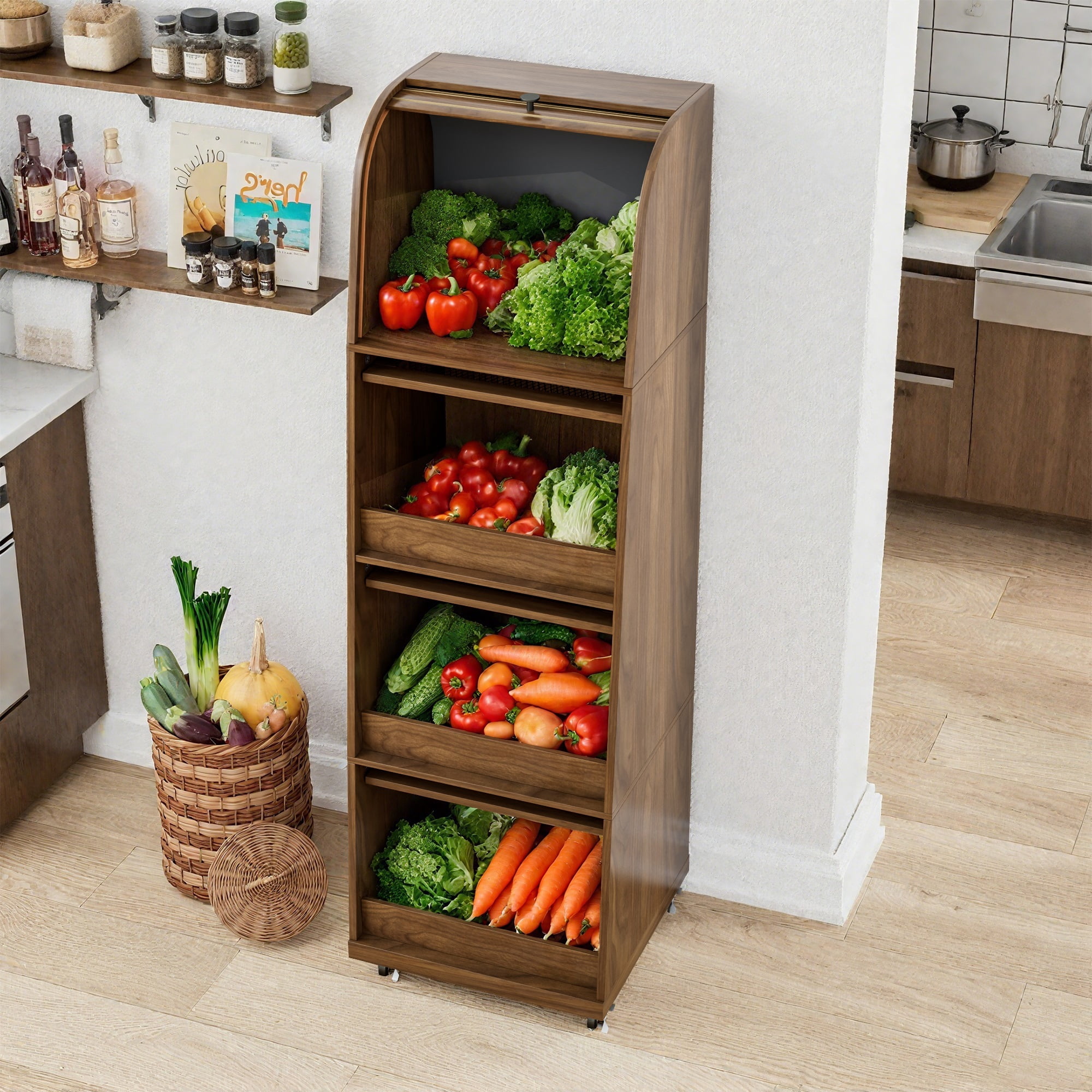 Onion and Potato Storage Bin Box, Movable Potato Bins with Sliding Door, Farmhouse Kitchen Pantry Cabinet