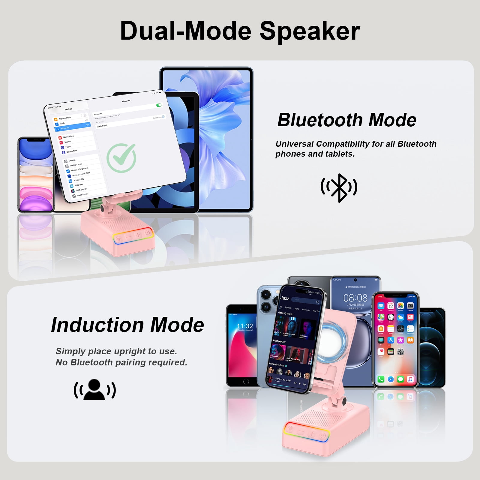 Adjustable Cell Phone Stand with Wireless Induction Bluetooth Speaker, HD Surround Sound, Color-Changing LED Light, and Non-Slip Phone Holder – Perfect for Yoga and Kitchen, a Great Gift for Everyone