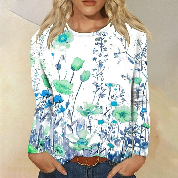 Aloohaidyvio Long Sleeve Shirts for Women O Neck Basic Tee Floral Print Shirts Blouse Fall Workout Hide Belly Fall Casual Tops