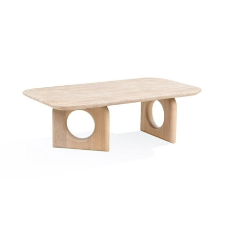 Benjara Aky 50 Inch Coffee Table, Faux Marble Top, Open Panel Frame, Natural Brown