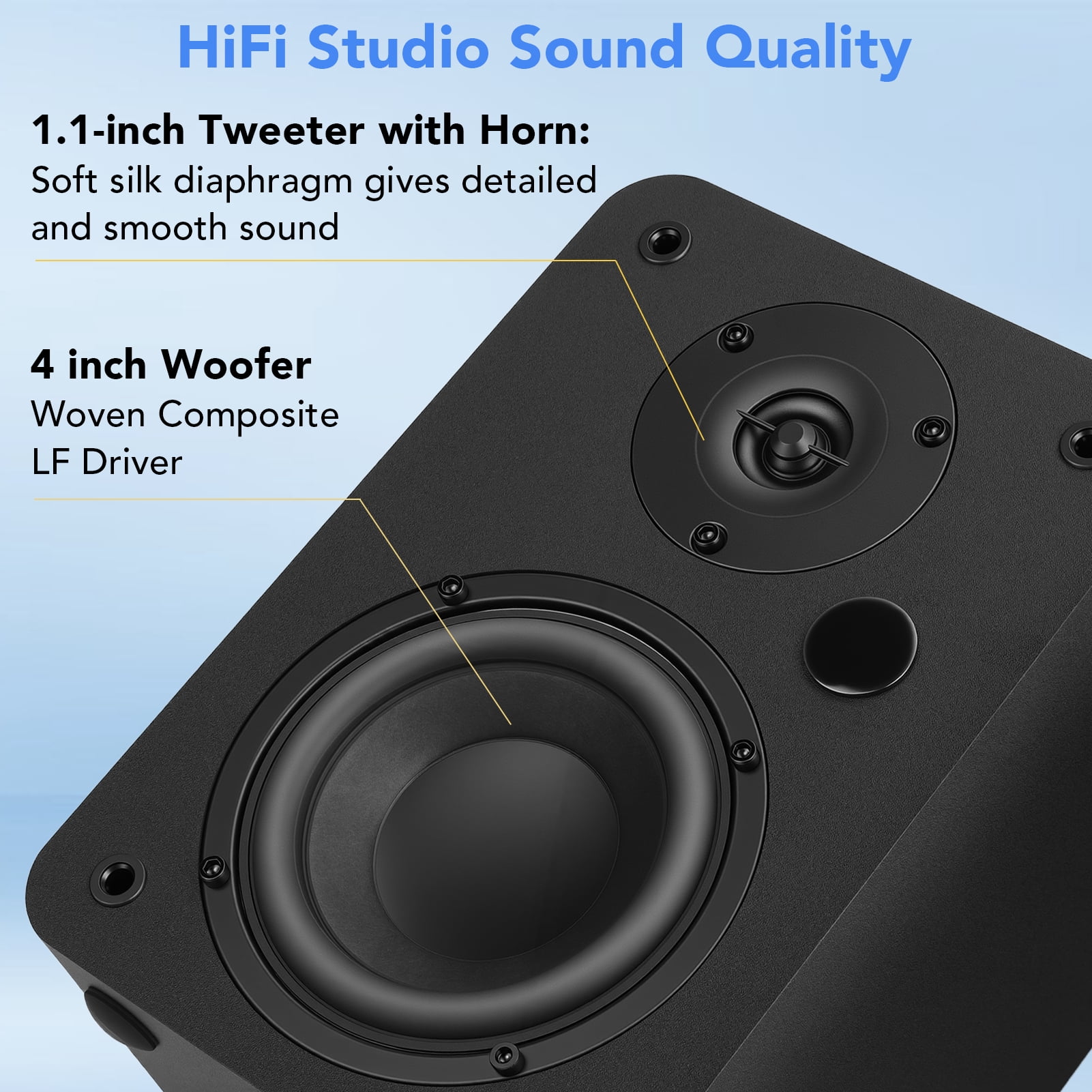 80W Active Bookshelf Speakers, Record Player Speakers with 4 Inch Woofer, Stereo Studio Monitor Speakers, Bass & Treble Adjust TV Speakers with USB/Optical/AUX Input for PC, Black