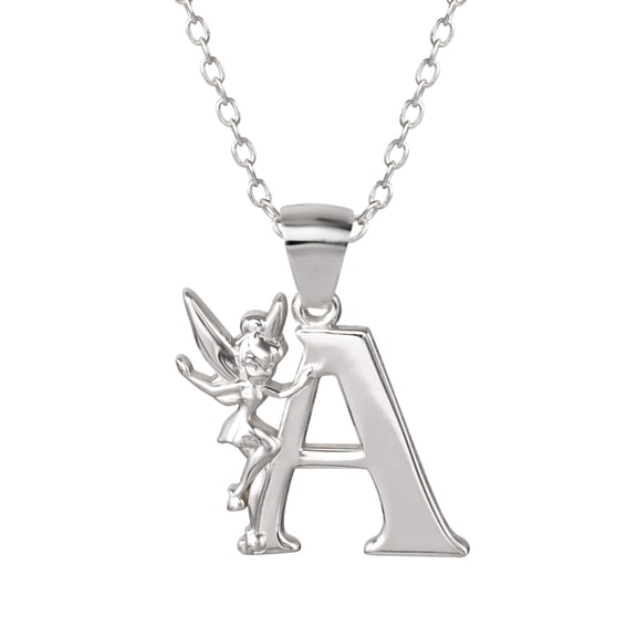 Disney Tinkerbell Women's Sterling Silver Initial Pendant Necklace, 18" Chain