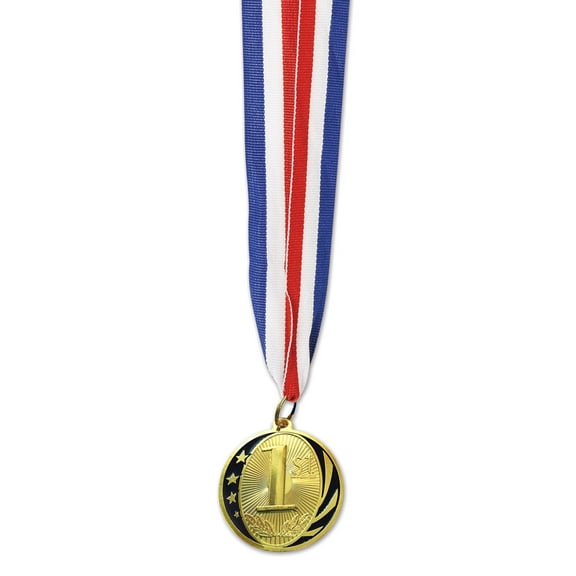 Party Central Club Pack of 12 Red and Blue First Place Gold Medal with Ribbon Party Favors 32"