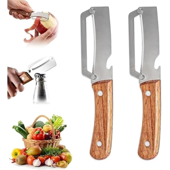 Wooden Kitchen Tool, Wooden Peeler, 2-in-1 Multifunctional Stainless Steel Vegetable Handle Peeler with Built-in Bottle Opener, for Fruit Apple Potato Pumpkin Papaya (2pcs)