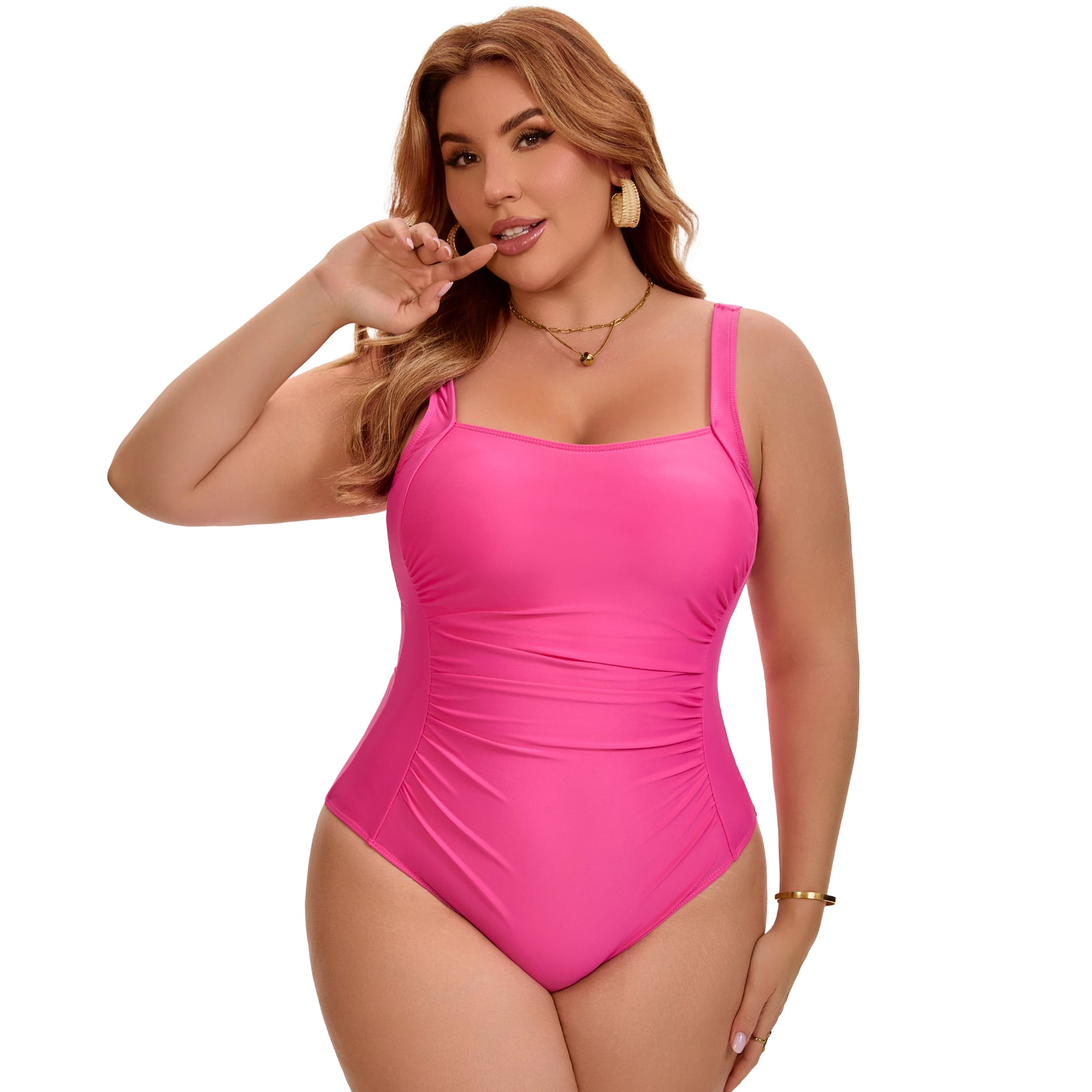 DARING DIVA Women's Plus 1 Piece Push Up Tummy Control Swimsuit L Hot Pink