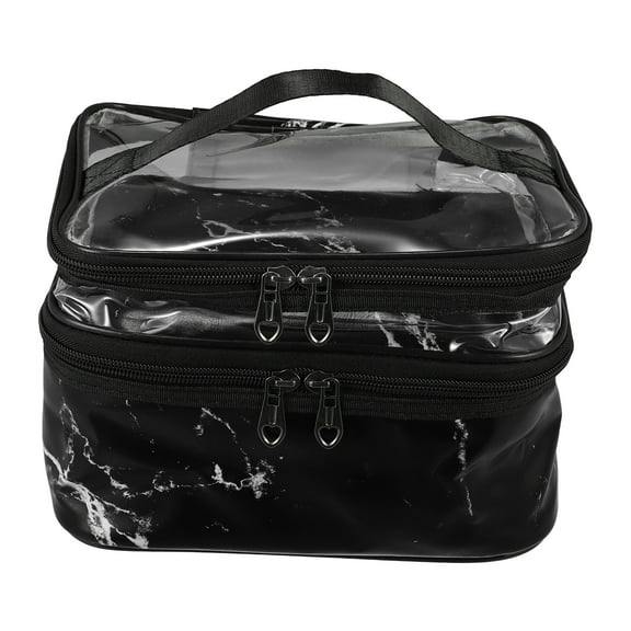 Unique Bargains 1 Pcs Double Layer Makeup Bag Cosmetic Travel Bag Make Up Organizer Bag for Women Marble Pattern Black
