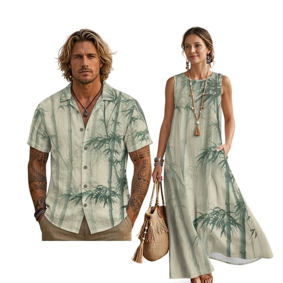 FOR U DESIGNS Green Tree Leaf Print Linen-Like Couple Matching Outfits Men's Button Down Shirt Women's Sleeveless Dress with Pockets for Beach Vacation