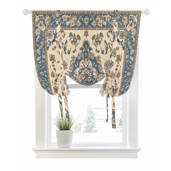 Southwestern Boho Blue Tie Up Curtains for Window, Thermal Insulated Balloon Shade Adjustable Rod Pocket Curtains Valance Panels for Kitchen Bathroom Cafe 42 x 54 Ethnic Geometric Rustic