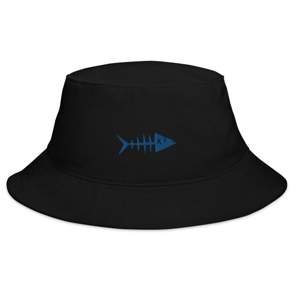 Clishirt Adult Unisex Embroidered Blue Fish Cotton Black Bucket Hat