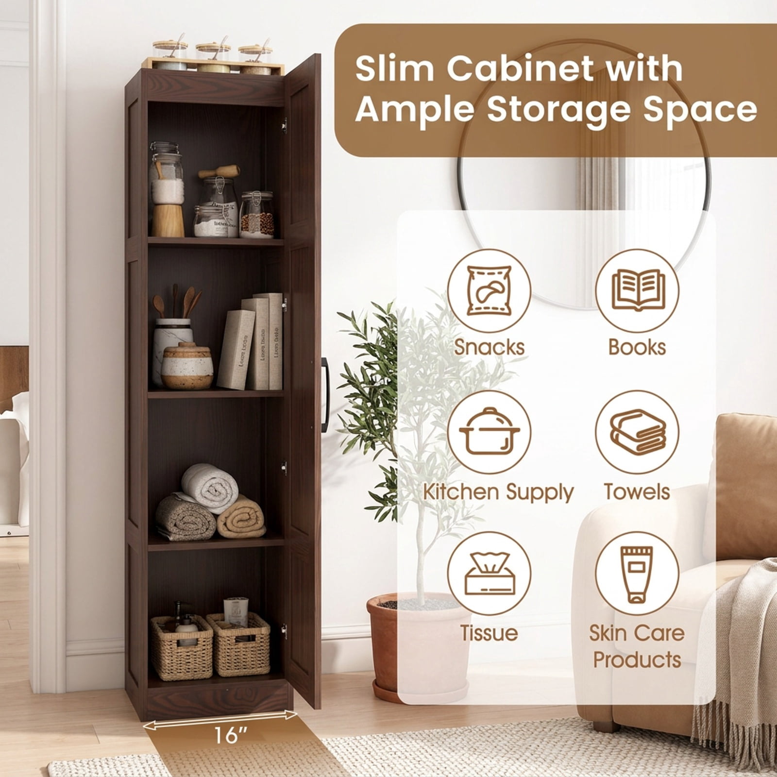 Vebreda Freestanding Bathroom Storage Cabinet, Tall Storage Cabinet with 4 Storage Shelves for Bathroom Living Room, Maximizes Small Spaces