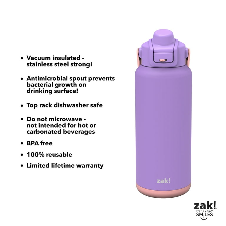 Zak Designs 32oz Stainless Steel Double Wall Liberty Straw Water Bottle (Purple)