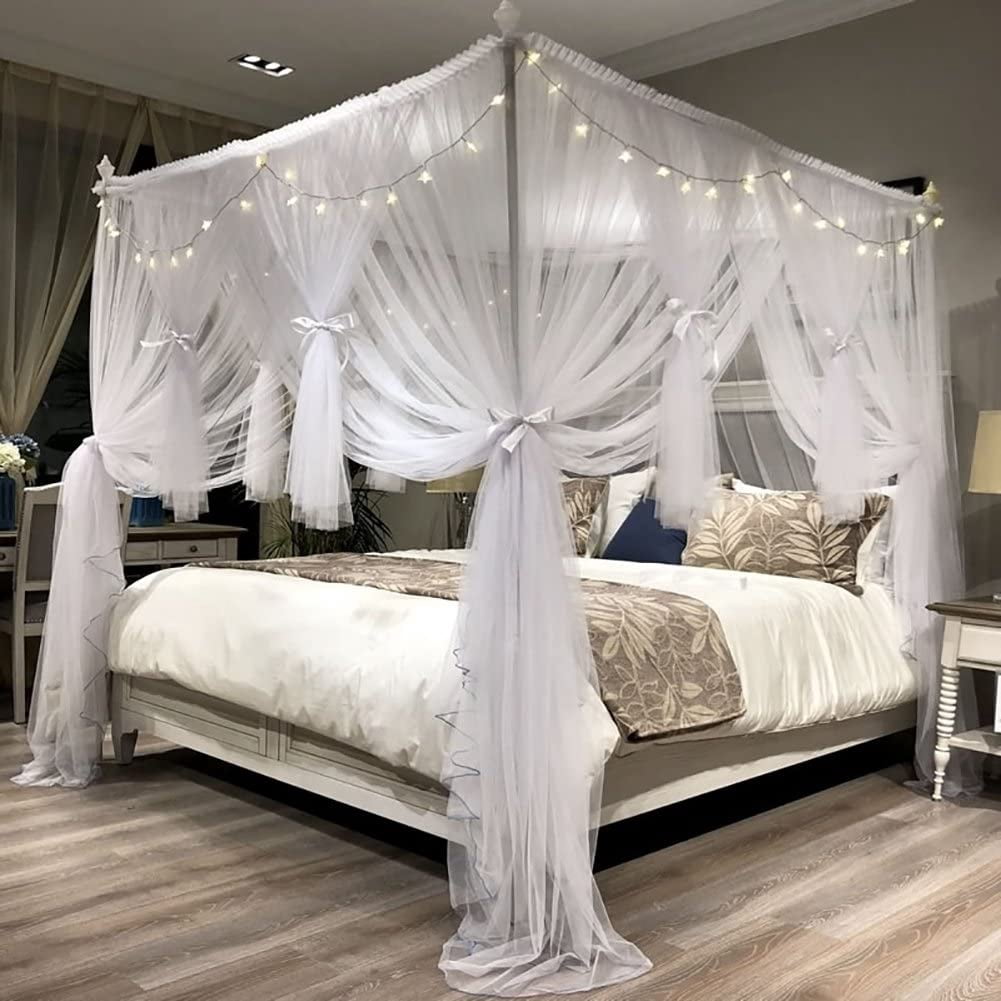 4 Corners Post Canopy Bed Curtain for Girls & Adults - Royal Luxurious Cozy Drapes - Cute Princess Bedroom Decoration Accessories (White, Full/Queen)