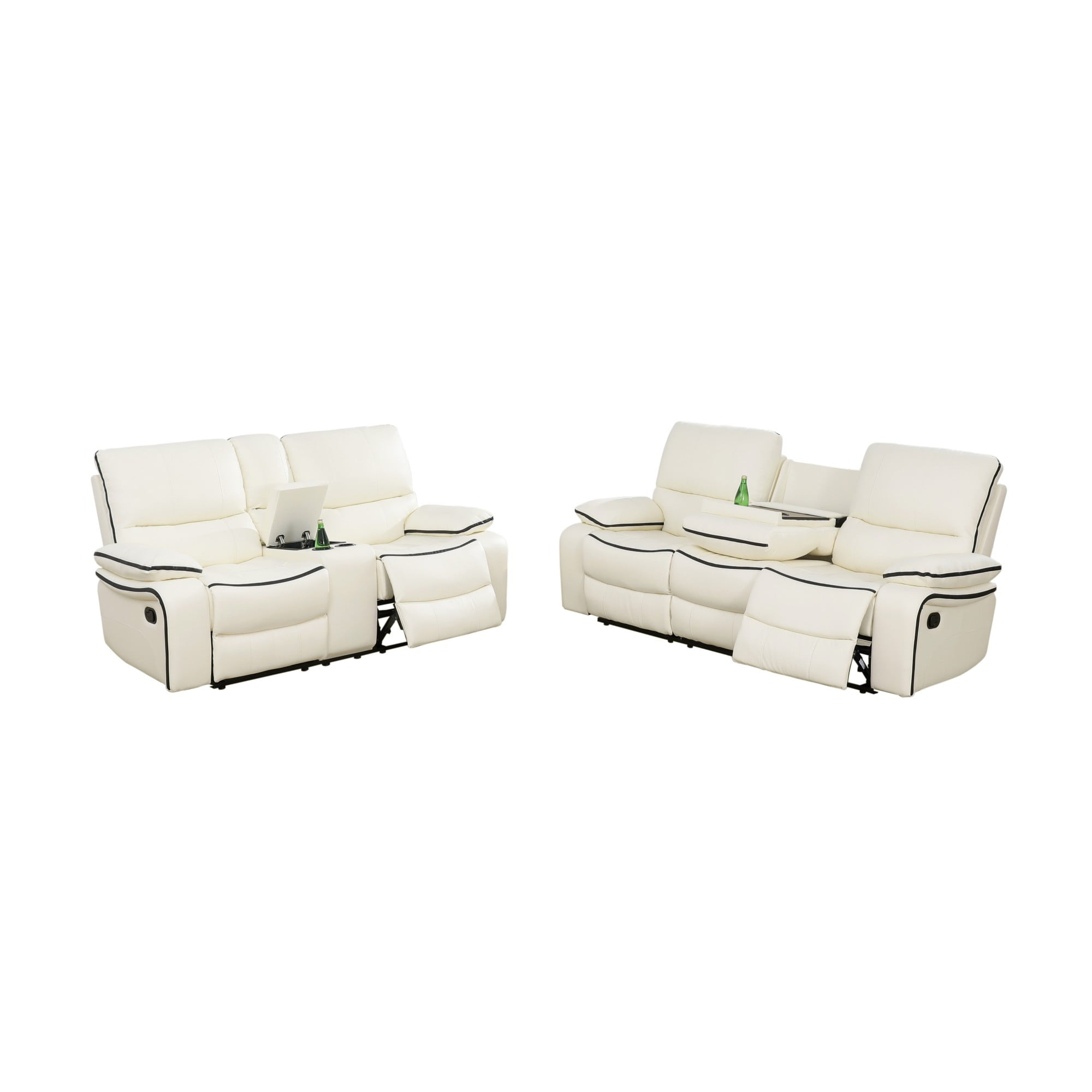 Gewnee 2-Piece Living Room Recliner Sofa Set with Console & Cup Holders, Air Leather, Solid Wood Frame & Double-Layer Springs, Off-white