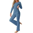 thumbnail image 4 of INSPIRE CHIC Women's Ribbed Knit Lounge Set Long Sleeves Top and Pants Pajama Sets Two Piece Matching Set L Blue, 4 of 5