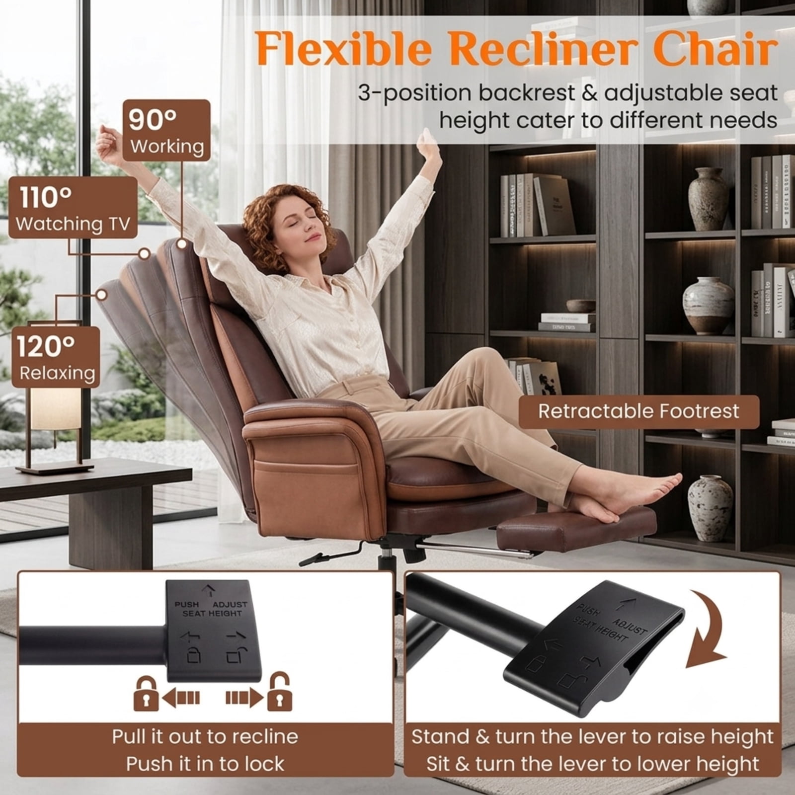 Furnibear Big and Tall Ergonomic Office Chair 400 lbs High Back Wide Faux Leather Computer Chair with Retractable Footrest, Brown
