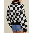 thumbnail image 2 of Checkered Button Down Crop Sweater Crochet Cardigan for Women Color Block Summer Beach Top Black S, 2 of 5