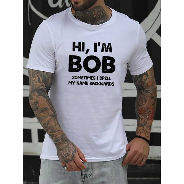 Camiseta de cuello redondo con estampado "HOLA, SOY BOB" para hombre, manga corta, versátil, informal, de verano, para el tiempo libre.