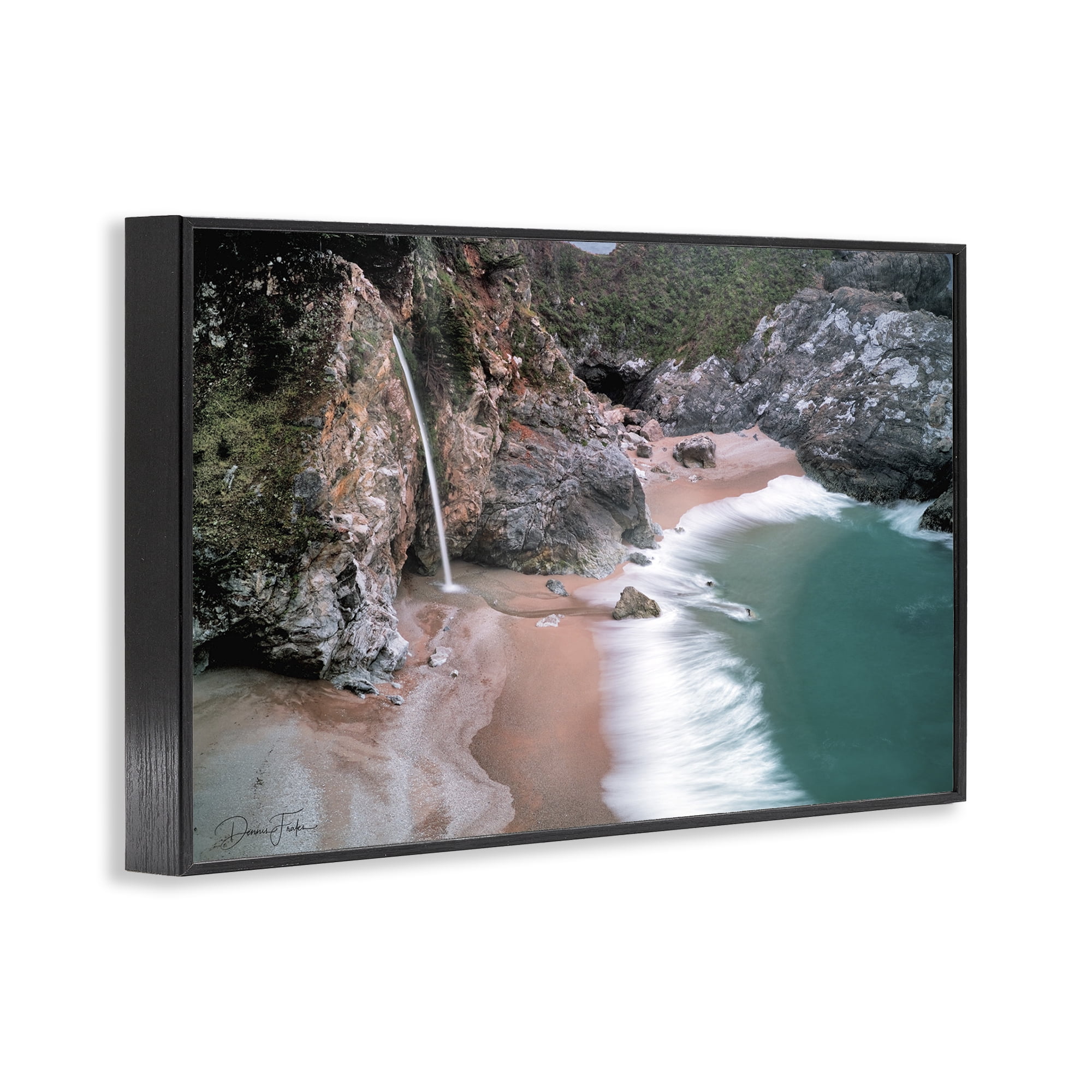 Stupell Industries Tropical Waterfall Cliffs Coastal Painting Black Framed Art Print Wall Art, 24 x 16
