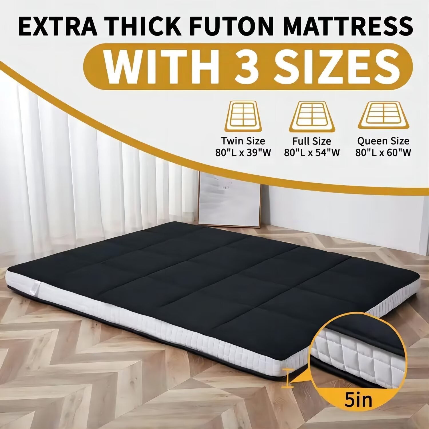 MOPHOTO Upgraded Extra Thick Japanese Futon Mattress, Floor Mattress with Storage Bag, Roll Up Mattress Tatami Mat, Folding Sleeping Padded Futon Mattress Portable Camping Mattress, Black, Queen