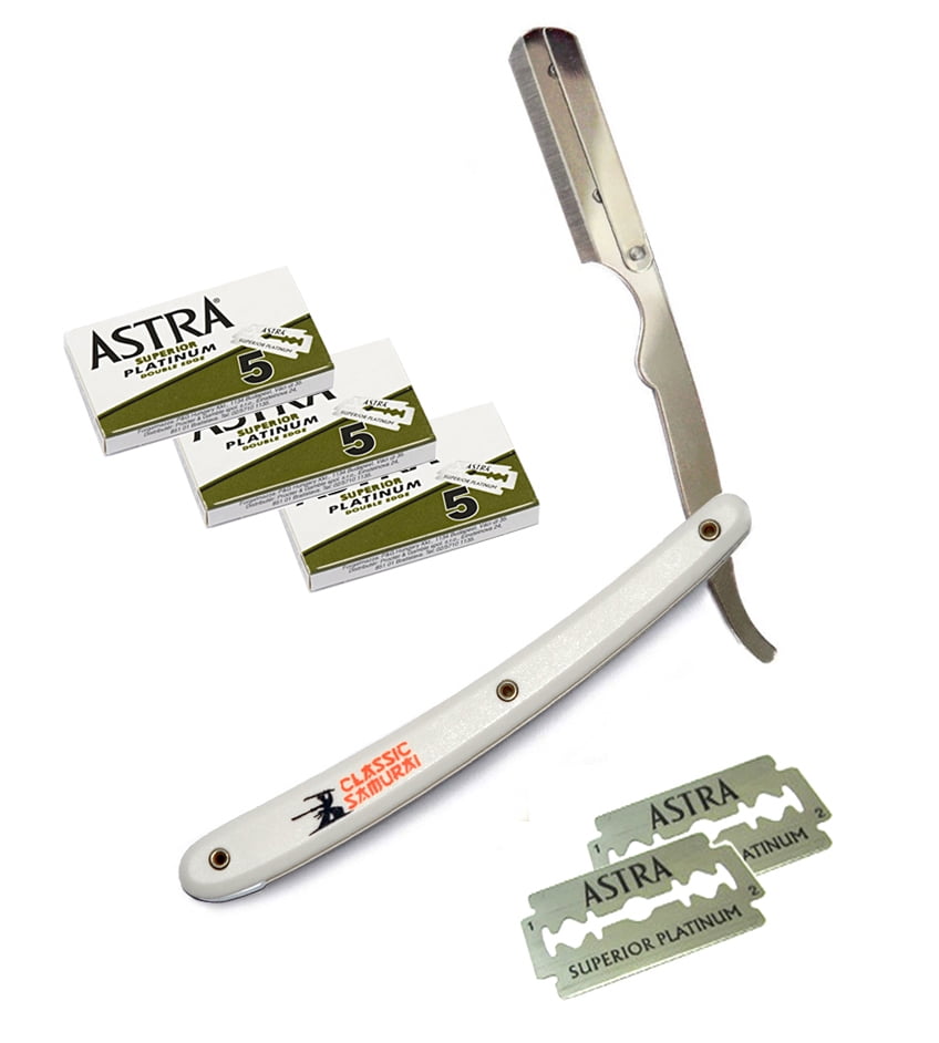 White Stainless Steel Professional Barber Straight Edge Razor with 15 Astra Double Edge Razor Blades