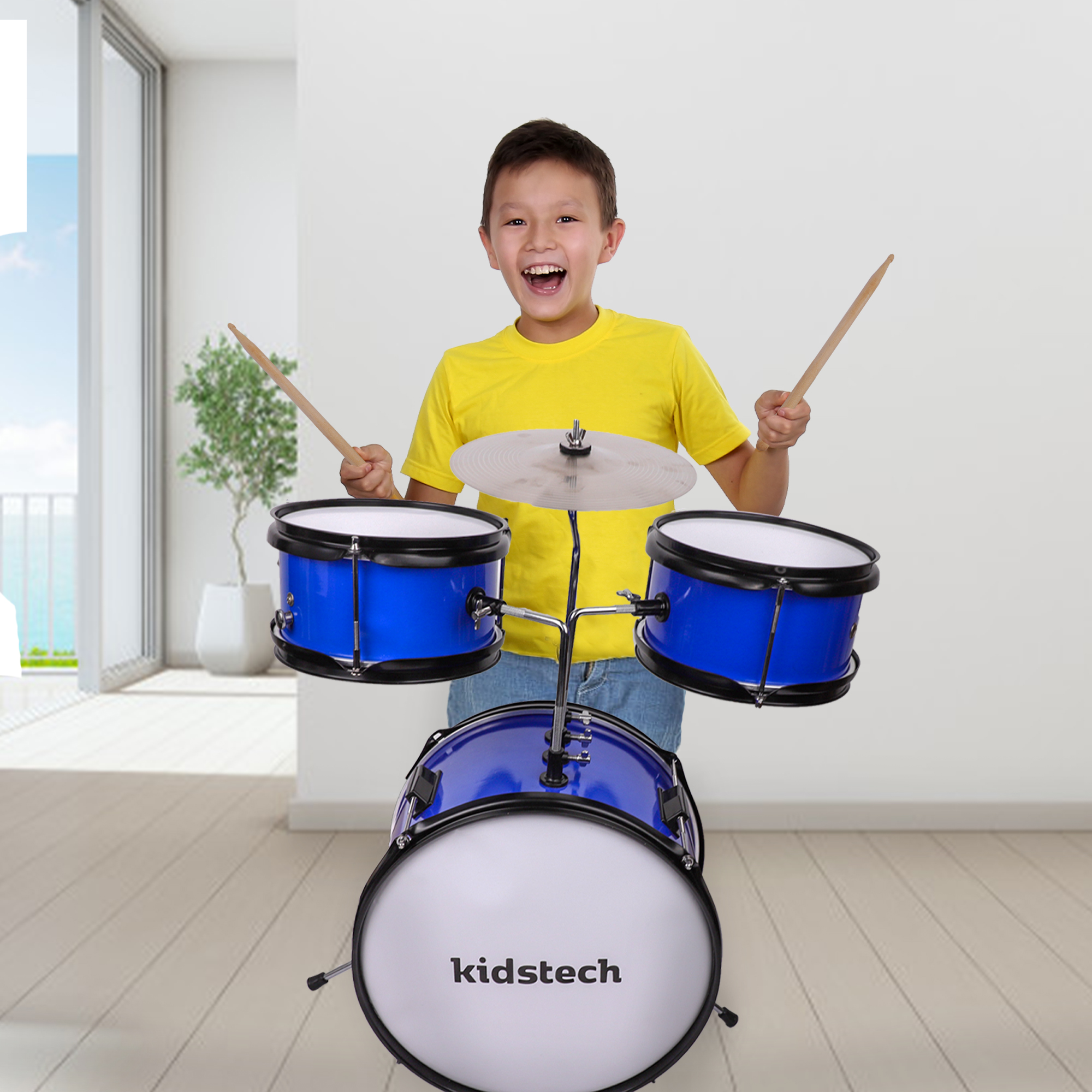 Kidstech Drum Set, First Junior and Adult Drum set with Microphone, Drumstick Pieces and seat, Musical Kid Friendly Band Toy for Boys, Girls and Adults Ages 3+.