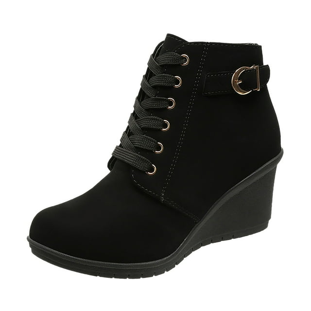 WEAIXIMIUNG Bottes pour Femmes, Talon Bas à la Cheville, Mode Automne et Hiver, Talon Compensé, Plateforme, Lacets, Bottines Chaudes et Confortables