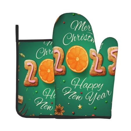 

Xecao Merry Christmas 2025 Pattern Oven Mitts and Pot Holders Sets Heat Resistant Silicone Oven Mittens Extra Thicken Long Kitchen Cotton Oven Glove for Cooking