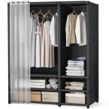 Portable Closet, Brochao Large Portable Wardrobe with 2 Hanging Aera & 4 Storage Shelves, Sturdy Clothes Storage Cabinet with Curtain for Living Room, Clothes Room, Black