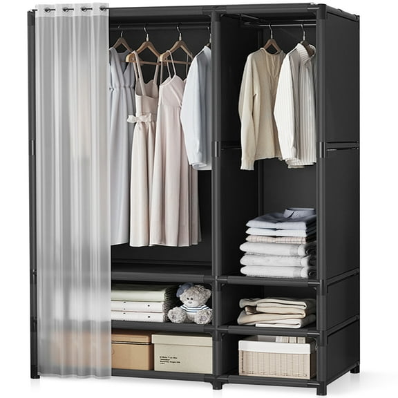 Portable Closet, Brochao Large Portable Wardrobe with 2 Hanging Aera & 4 Storage Shelves, Sturdy Clothes Storage Cabinet with Curtain for Living Room, Clothes Room, Black