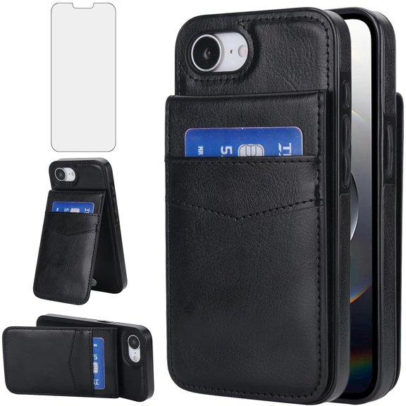 Asuwish Screen Protector Included PU Leather Soft Shell Wallet Cell Phone Case with Screen Protector for iPhone 16e/SE 2025/SE 4, Black