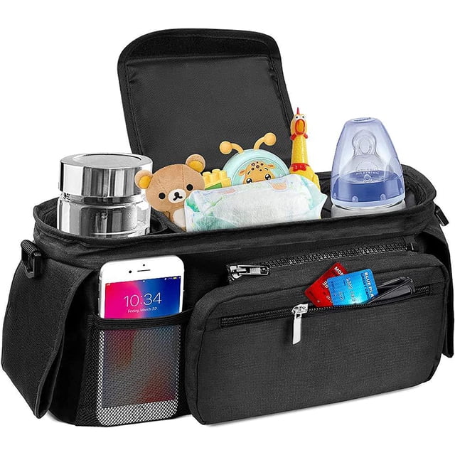Bolsa organizadora para cochecito de bebé LzGUNGY organizador con 2 portavasos XL impermeables y aislantes negro