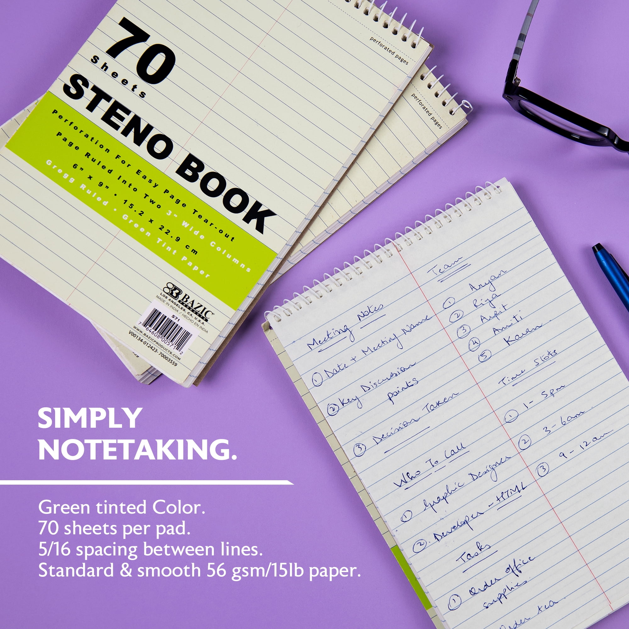 BAZIC Perforated Writing Pad, 80 Sheets 6"x9" Green Tint Gregg Ruled Steno Book, 48-Pack