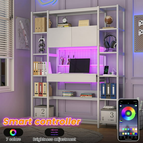 Home Office Desk with Power Outlet & LED Light, Modern Computer Desk with Bookshelves, Metal Frame Study Table Executive Desk with Drawer, Hutch, Living Room Furniture, White