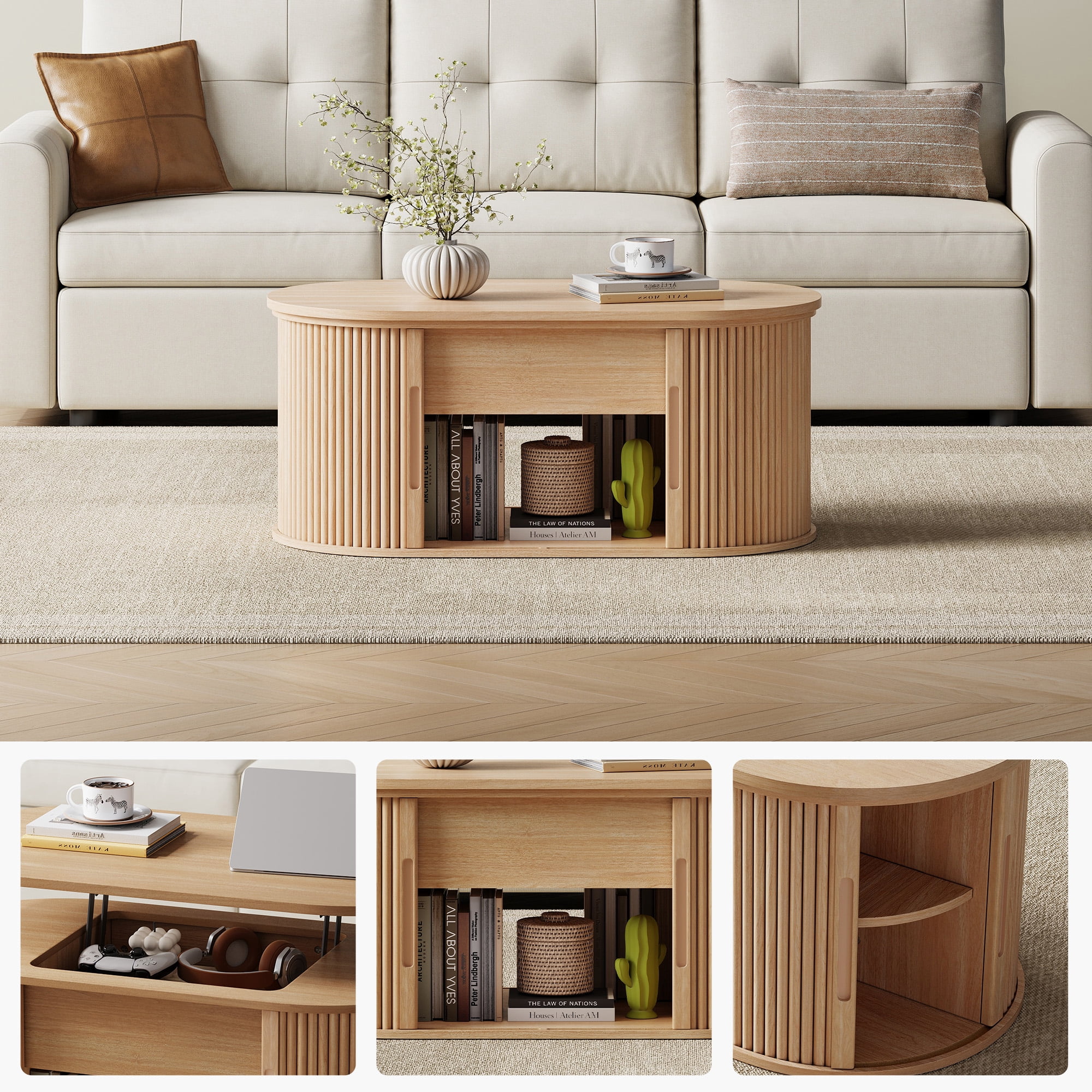 Linsy Home Lift Top Coffee Table with Storage, Fluted Coffee Table for Living Room with Open&Hidden Storage Space, Oak