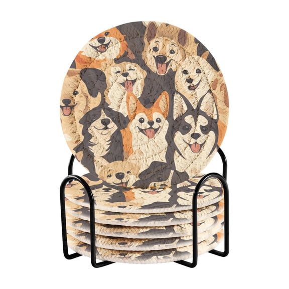 Cute Puppy Dogs Drink Coasters with Holder Absorbent Coaster for Coffee Table Room Decor 6 Pack
