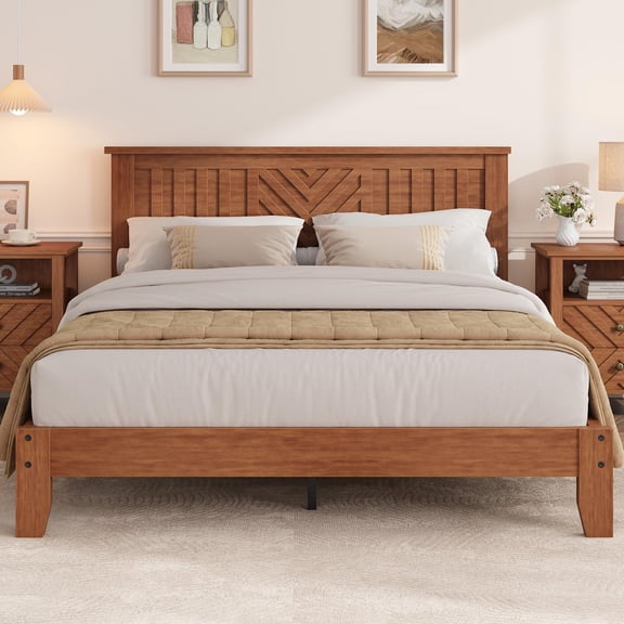 Full Platform Bed Frame Wood with V-Design Headboard and Sturdy Wooden Slat Support, Noise-Free Under-Bed Storage No Box Spring Easy Assembly Brown