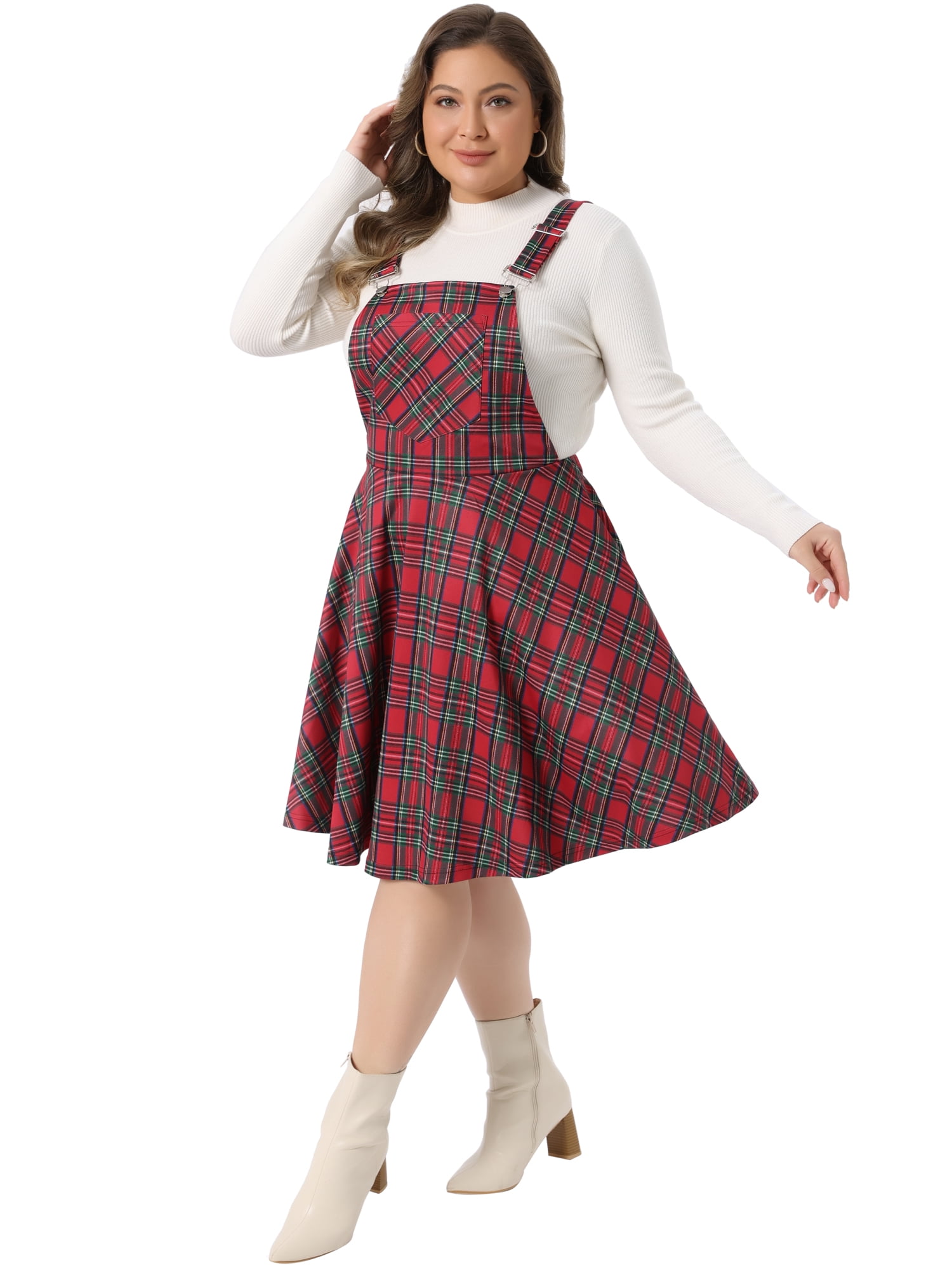 DARING DIVA Women's Plus Size Overall Plaid Swing Adjustable Straps Dress 1X Red