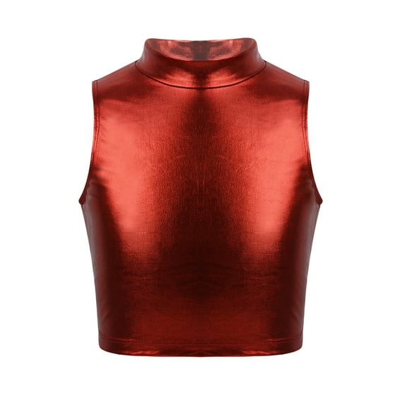Aislor Kids Girls Shiny Metallic Gymnastics Crop Tops Sleeveless Mock Neck Tank Tops Workout Activewear