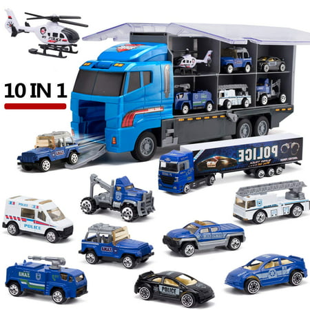 Police Transport Truck 10 in 1 Mini Die-Cast Plastic Play Vehicle in Carrier Car Toy Set, Mini Cars for Kid Children Boy and Girl Best (Best Mobile Carrier In My Area)
