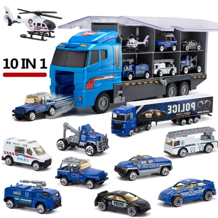 10 Car Set - Police Transport Truck 10 in 1 Mini Die-Cast Plastic Play Vehicle in Carrier Car Toy Set, Mini Cars for Kid Children Boy and Girl Best Gift