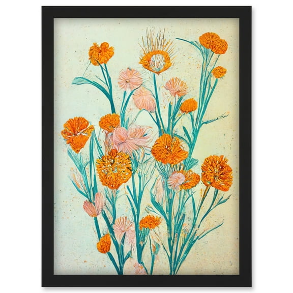 Boho Marigold Flowers Teal Orange Painting Artwork Framed Wall Art Print A4