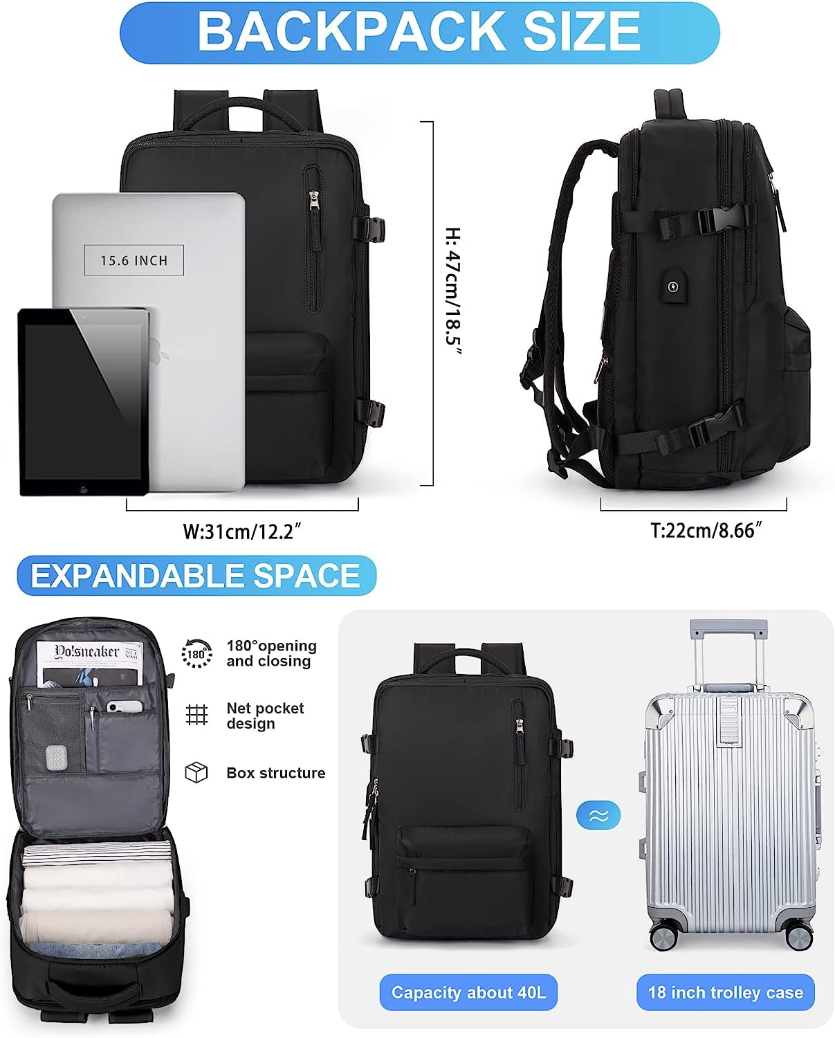 Large Travel backpacks for Adults, Flight Personal Carry on Backpack for Women Men, Approved Airlines Back Pack Carry-ons Mochilas de Viaje, Waterproof Luggage Laptop Backpack Black